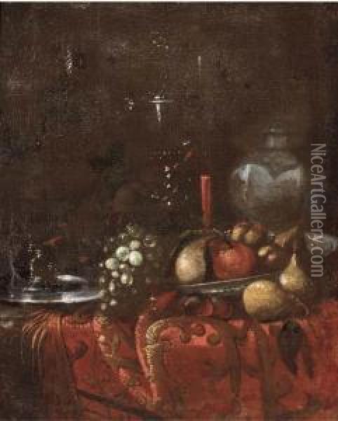 Grapes, Pears, Roemers, An 
Earthenware Jug, A Pewter Dish And Otherfruit On A Draped Table Oil Painting - Juriaen van Streeck