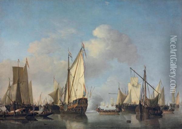 A States Yacht And Other Vessels In A Very Light Air Oil Painting - Willem van de, the Elder Velde