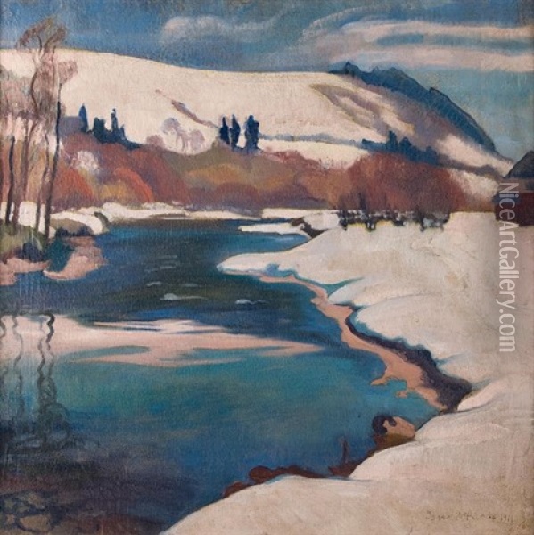 Pejzaz Zimowy Z Rzeka Oil Painting - Stanislaw Ignacy Witkiewicz