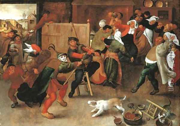 Peasants singing, dancing and drinking in an interior Oil Painting - Marten Van Cleve
