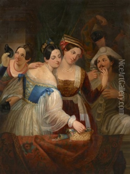 Le Carnaval Des Elegantes Avec Arlequin Oil Painting - August Heinrich Riedel