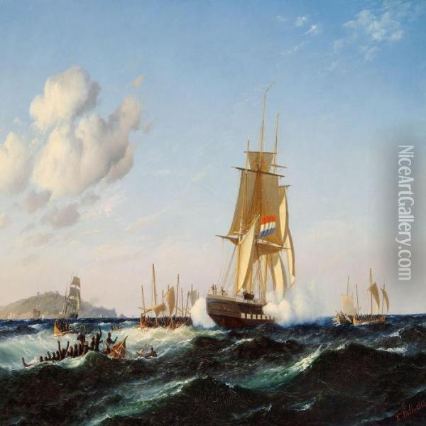 Seascape With A Dutch Brig Being Attacked Oil Painting - Carl Ludwig Bille