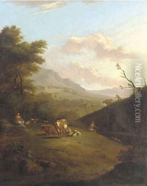 A mountainous landscape with peasants herding a cattle and a village beyond Oil Painting - Johann Heinrich Roos