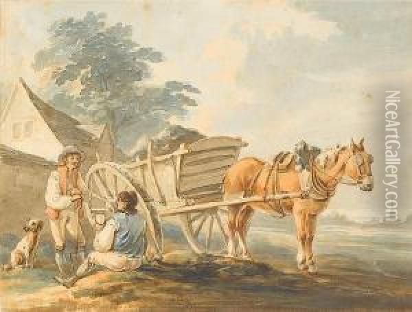 Figures Resting By A Horse And Cart Oil Painting - Peter La Cave