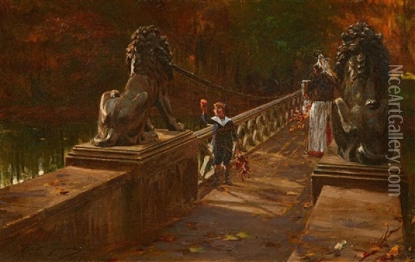 Auf Der Lowenbrucke Im Berliner Tiergarten Oil Painting - Fritz Greve