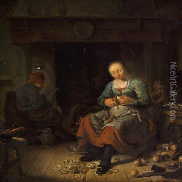 Interior With A Womanpeeling Apples Oil Painting - Isack De Mes