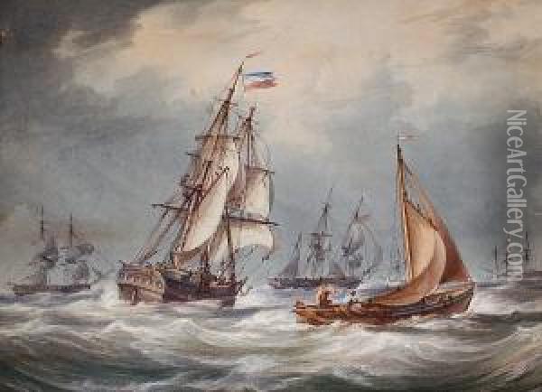 Reefing Down; A Merchantmen And Other Vessels On A Breezy Day Oil Painting - William Joy