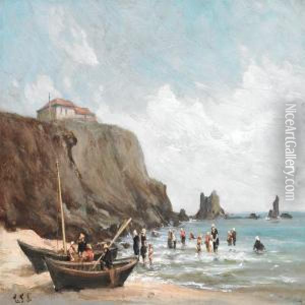 A Possibly Italianrocky Coastal Scene With Prams On The Beach And Numerous Peoplebathing Oil Painting - Carl Frederick Sorensen