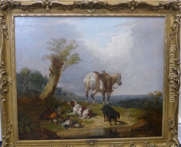 The Day's Bag - A Horse And Dogs With The Kill Beside A Lake Oil Painting - William Tasker