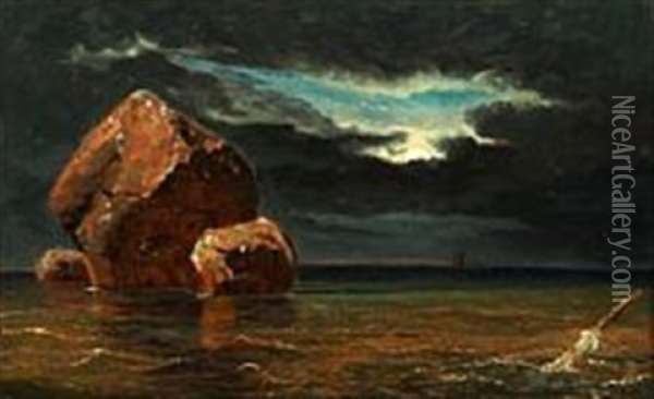 Moonlight Over The Sea Oil Painting - Daniel Hermann Anton Melbye