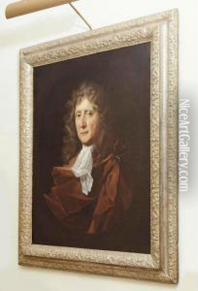 Portrait Of A Gentleman, Half Length, Wearing Brown Robes And A White Jabot Oil Painting - John Riley
