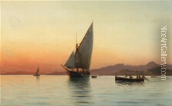 Fishermen And Ships At Sea In The Gulf Of Naples On A Quiet Day Oil Painting - Holger Luebbers