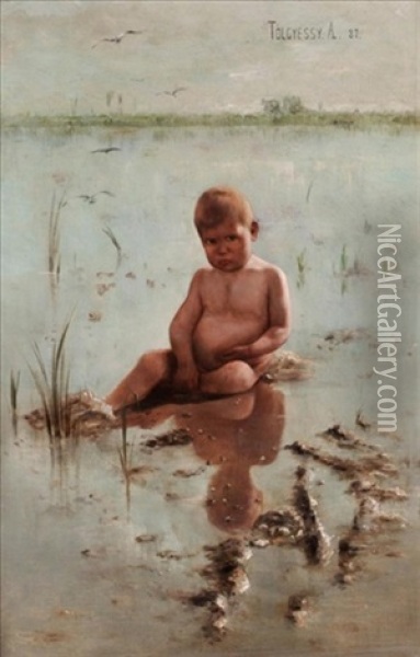 Young Child By The Sea Oil Painting - Arthur (Artur) Toelgyessy