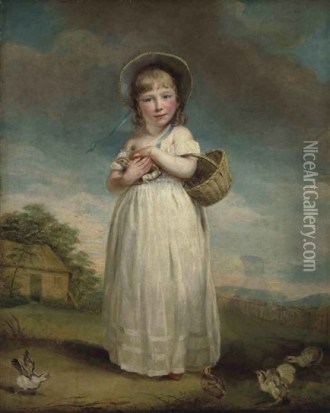 Portrait Of Harriet Bailey Foster, Later Mrs Charles Kennett, In A White Dress And Bonnet, Holding A Basket And A Chick, In A Rural Landscape Oil Painting - James (Thomas J.) Northcote