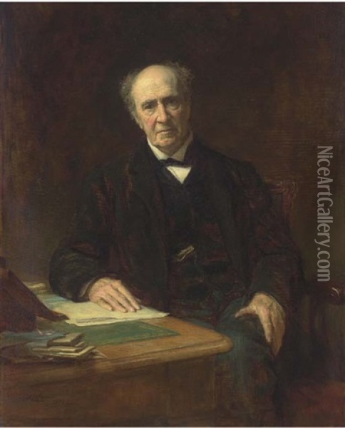 Portrait Of Richard Twining Esq. In A Black Suit, At A Writing Desk Oil Painting - Sir Arthur Stockdale Cope