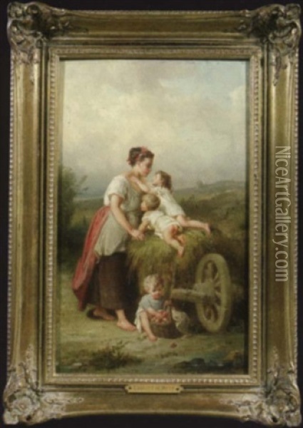Bauerin Mit Ihren Drei Kindern An Einem Beladenen Heukarren Oil Painting - Francois-Louis Lanfant