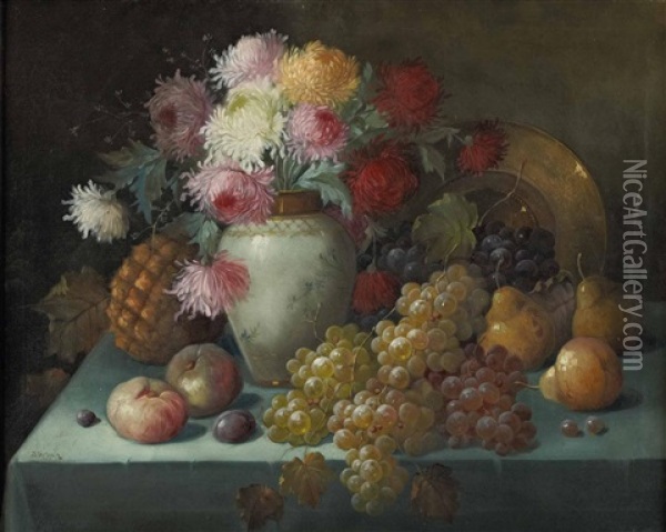 Stillleben Mit Obst Und Dahlien Oil Painting - Joseph Urban