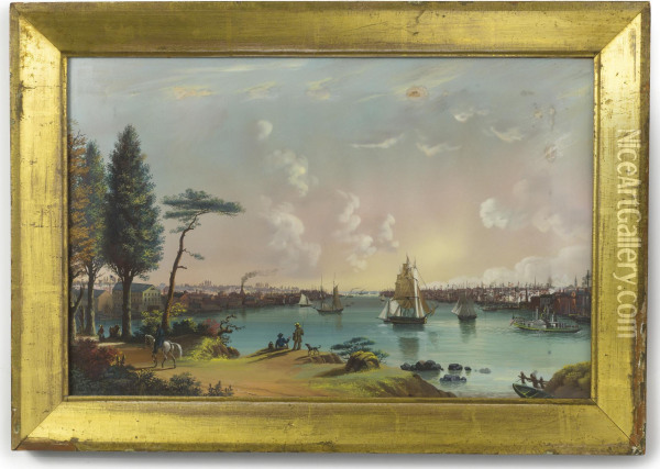 The East River Looking Southwest, Blackwell's Island In Foreground, The Navy Yard At Extreme Left And View Of Lower New York From Jersey City Oil Painting - Nicolino Calyo