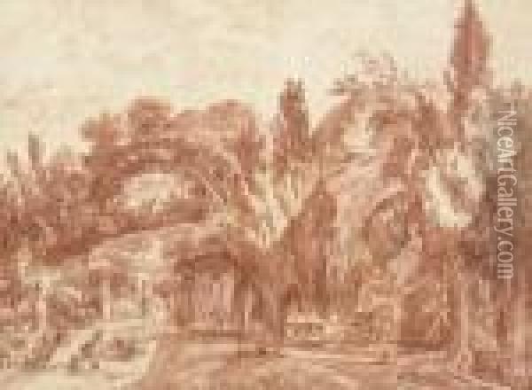 Une Terrasse Dans Le Jardin De 
Villa Pamphili, Des Figures Avec Une Brouette Au Premier Plan Oil Painting - Robert Ango