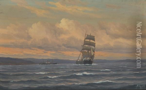 Seilskute Og Dampskip Oil Painting - Martin Aagaard