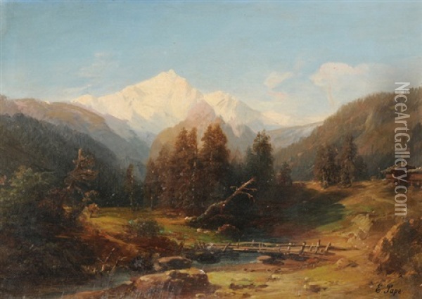 Berglandschaft Mit Fluss Und Holzbrucke Oil Painting - Eduard Friedrich Pape