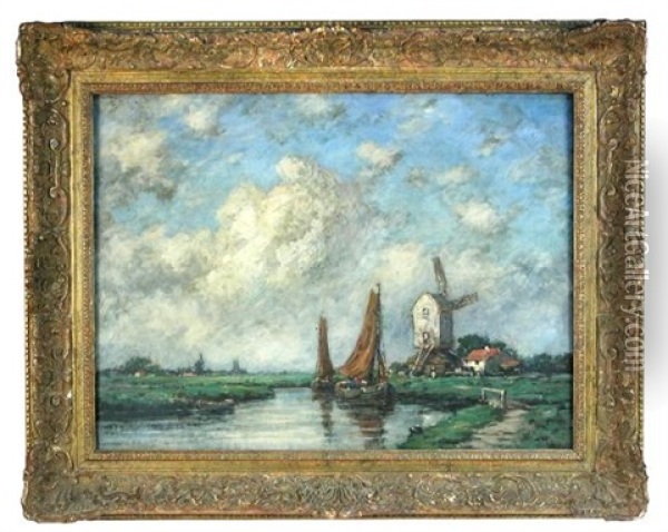 Sailing Ships On A River By A Windmill Oil Painting - Jacob Henricus Maris