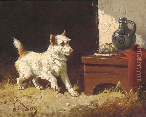A terrier surprised by mice Oil Painting - Vincent de Vos