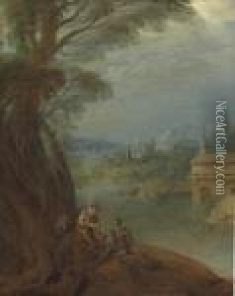 Elegant Figures Conversing By A Riverbank Oil Painting - Jean-Baptiste Joseph Pater