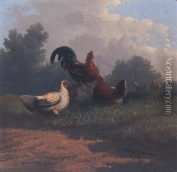Chickens In A Pastoral Landscape Oil Painting - Johan Lodewijk Van Leemputten