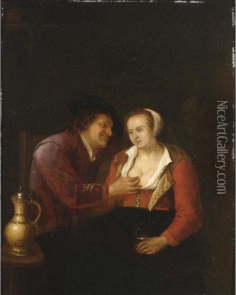 An Allegory Of Vanity With An Amorous Couple In An Inn Oil Painting - Gerrit Lundens