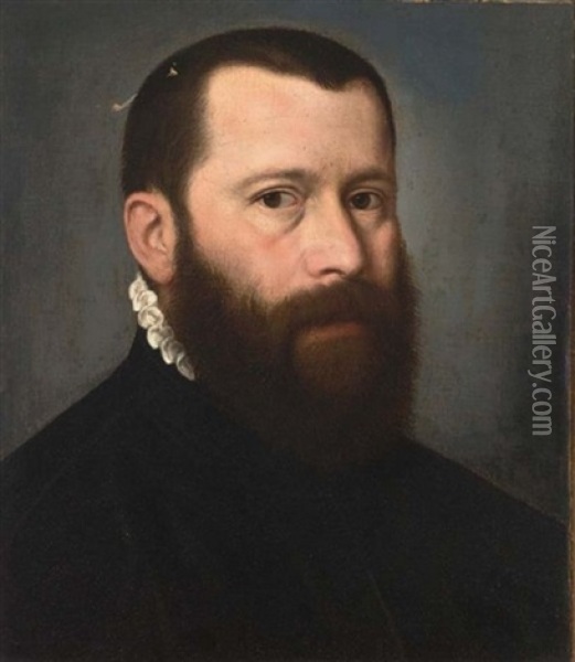 A Portrait Of A Distinguished Gentleman, Bust Length, Wearing A Black Coat With A White Collar Oil Painting - Willem Key