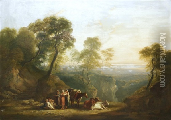 An Extensive Landscape With Figures Resting With Cattle Oil Painting - Thomas Barker