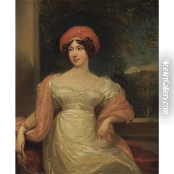 Portrait Of A Young Beauty In A Pink Hat And Shawl Oil Painting - Sir Martin Archer Shee