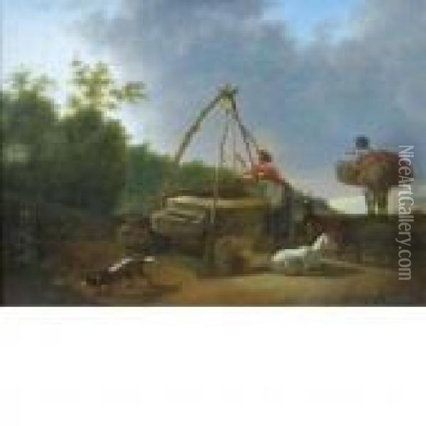 Woman Stopping At A Well Besidea Road Oil Painting - Karel Dujardin