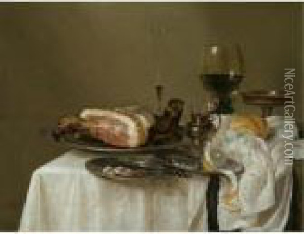 A Still Life With A Roemer, A 
Silver Tazza, A Fluted Wine-glass, A Mustard Jar, A Ham And A Partly 
Peeled Lemon On Pewter Dishes And A Bread Roll, All Arranged On A 
Table-top Draped In White Oil Painting - Willem Claesz. Heda