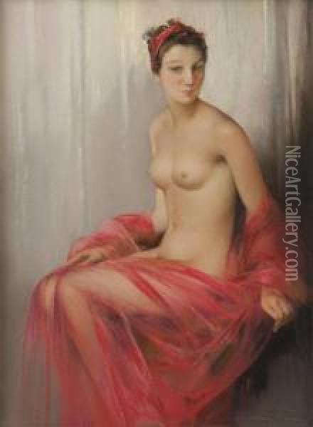 Femme Au Voile Rouge Oil Painting - Firmin Baes