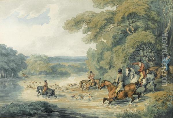A Stag Hunt Crossing A River Oil Painting - Samuel Howitt