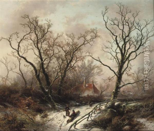 Figures On A Snow-covered Path Gathering Wood Oil Painting - Pieter Lodewijk Francisco Kluyver