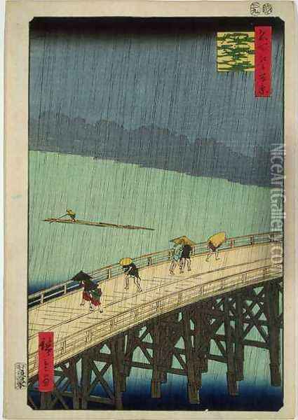 Sudden Shower over Shin Ohashi Bridge at Atake from One Hundred Views of Edo Oil Painting - Utagawa or Ando Hiroshige