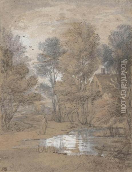 A Cottage With Trees Reflected In A Woodland Pool Oil Painting - Thomas Gainsborough