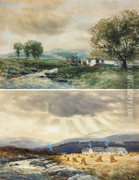 Hay Stooks And Cabins By A River And Athatched Cottage And Caravan By A Stream (a Pair) Oil Painting - John Hamilton Glass