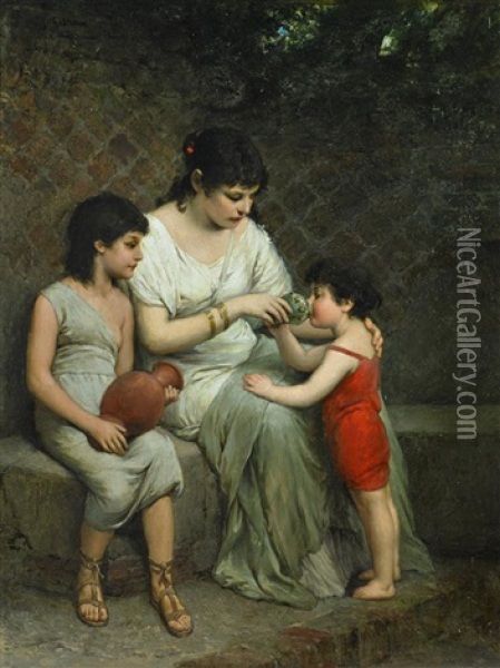Mutter Im Antikten Gewand Mit Ihren Beiden Kindern Oil Painting - Gabriel von Max