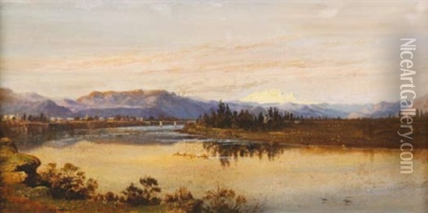 Wanganui River And Town With Ruapehu In Background Oil Painting - Charles Blomfield