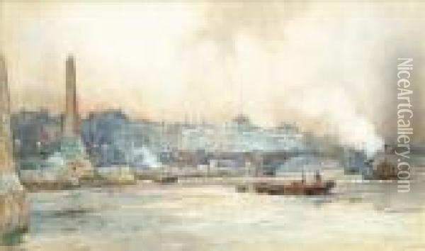 'the Thamesembankment: Cleopatra's Needle, Somerset House And Waterloo Bridge Oil Painting - Charles Edward Dixon