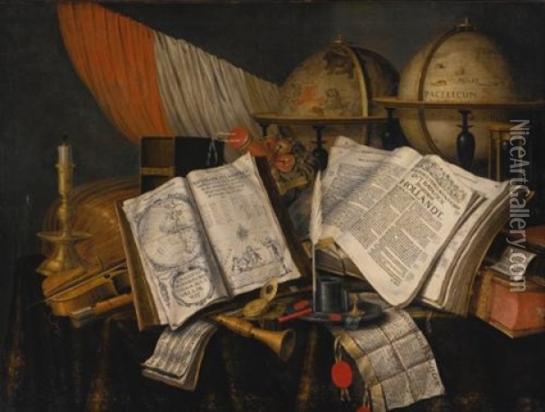 Vanitas Still Life With A Candlestick, Musical Instruments, Dutch Books, A Writing Set, An Astrological And A Terrestial Globe And An Hourglass, All On A Draped Table Oil Painting - Edward Collier