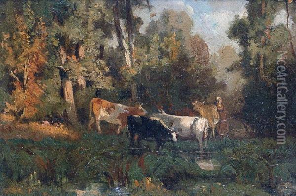 Study Of Cattle Oil Painting - Henri-Joseph Harpignies