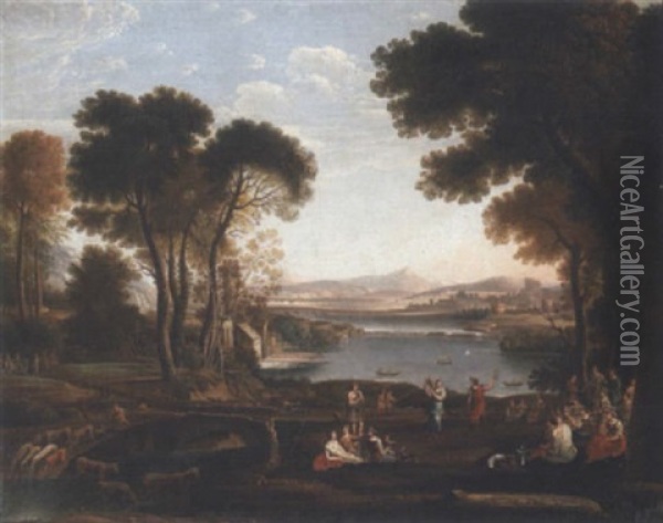 An Arcadian River Landscape With Classical Figures Dancing Oil Painting - Claude Lorrain