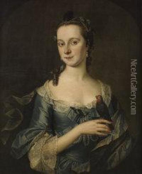 Portrait Of A Lady, Said To Be The Wife Of Sir Robert Travers, Half-length, In A Blue, Lace-edged Dress, With A Parakeet Perched On Her Finger, In A Painted Oval Oil Painting - Thomas Pope