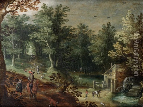 A Wooded River Landscape With A Horseman Before A Watermill Oil Painting - Gillis Van Coninxloo III