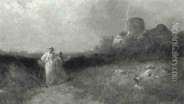 Landscape With Peasant Woman Along A Pathway Oil Painting - Rosa Bonheur